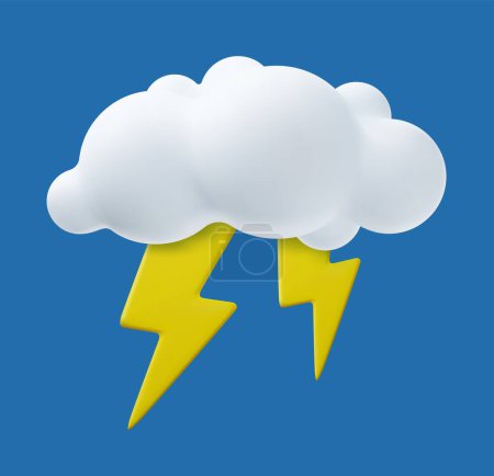Illustration for 3d Weather icon Lightning. thunder cloud weather icon. Poster with white thundercloud, flash of lightning and thunder. 3d rendering. Vector illustration - Royalty Free Image