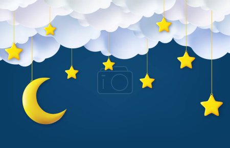 Illustration for 3d Ramadan Kareem Horizontal Sale Header or Voucher Template with Gold Moon, Clouds and Stars on Night Sky Blue Background.Place for Text. 3d rendering. Vector illustration - Royalty Free Image