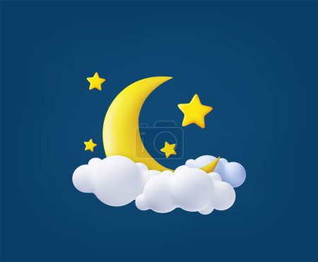 Téléchargez les illustrations : 3d croissant de lune, étoiles dorées et nuages blancs isolés sur fond bleu. Rêve, berceuse, rêve fond design pour bannière, livret, affiche. Rendement 3D. Illustration vectorielle - en licence libre de droit