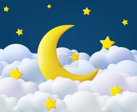 Illustration for 3d Good night and sweet dreams banner. Fluffy clouds on dark sky background with gold moon and stars. Place for text. 3d rendering. Vector illustration - Royalty Free Image