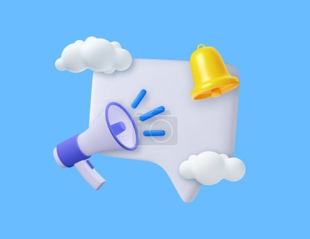 Photo for 3D Megaphone with speech bubble message and bell notification. News and loudspeaker. Social media promotion and announce. Marketing concept. . 3D Rendering. Vector illustration - Royalty Free Image