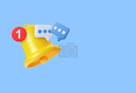 Illustration for 3D Notification message bell. One reminder notification. Banner template with empty copy space for promotion. Subscribe concept. 3d rendering. Vector illustration - Royalty Free Image