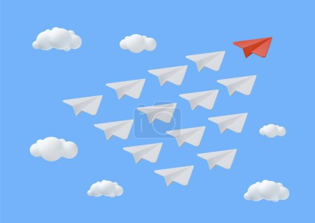 Ilustración de 3d avión de papel con nubes mínimo de dibujos animados lindo liso. concepto de liderazgo de visión creativa. Diseño moderno de moda. renderizado 3d. Ilustración vectorial - Imagen libre de derechos