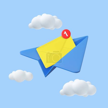 Avión de papel 3D con sobre. Nuevo concepto de mensaje. Carta enviada por correo electrónico. Marketing en redes sociales en línea. Suscríbete al boletín. Representación 3D. Ilustración vectorial