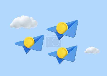 Photo for 3d paper airplane and coins with clouds Minimal cartoon cute smooth. creative vision leadership concept. Modern trendy design. business finance investment. 3d rendering. Vector illustration - Royalty Free Image