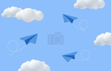 Téléchargez les illustrations : Avion en papier 3d avec nuages Minimal dessin animé mignon lisse. Design moderne et tendance. Rendement 3D. Illustration vectorielle - en licence libre de droit