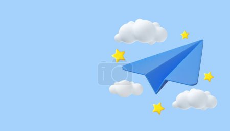 Illustration for 3d paper airplane with clouds Concept Online social network. Business communication applications. Marketing concept. Modern trendy design. 3d rendering. Vector illustration - Royalty Free Image