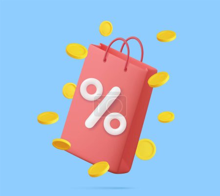 Illustration for 3d Shopping bag, handbag with discount and flying coinns. Sale, discount, Online shopping concept. For promotion, marketing and advertising in social networks. 3d rendering. Vector illustration - Royalty Free Image