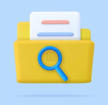 3d Magnifying glass and yellow folder with files. concept of document search. minimal design. 3d rendering. Vector illustration