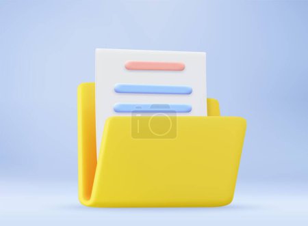 Illustration for Yellow portfolio folder 3d icon. Information plastic file with documentation. folder with files, paper icon. File management concept. 3d rendering. Vector illustration - Royalty Free Image