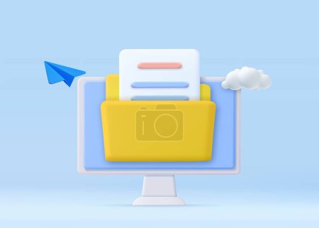 Illustration for 3d File transfer concept. Yellow folder with document on computer monitor. minimal design folder with files, paper icon. File management concept. 3d rendering. Vector illustration - Royalty Free Image