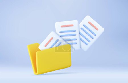 yellow computer folder with flying blank documents. minimal design folder with files, paper icon. File management concept. 3d rendering. Vector illustration