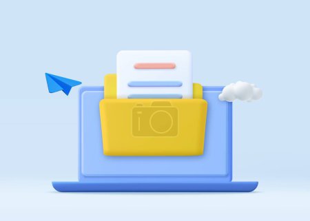 Illustration for 3d File transfer concept. Yellow folder with document on computer monitor. minimal design folder with files, paper icon. File management concept. 3d rendering. Vector illustration - Royalty Free Image