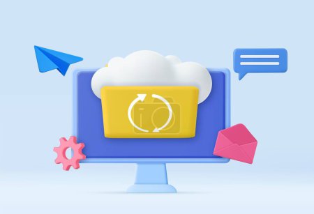 Illustration for 3d Cloud storage icon. Digital file organization service or app with data transfering. 3d rendering. Vector illustration - Royalty Free Image