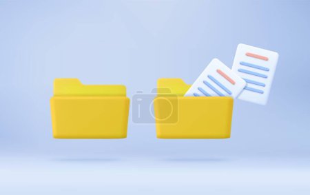 Ilustración de Carpeta amarilla del ordenador con volando documentos en blanco. carpeta de diseño mínimo con archivos, icono de papel. Concepto de gestión de archivos. renderizado 3d. Ilustración vectorial - Imagen libre de derechos
