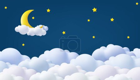 Illustration for 3d Good night and sweet dreams banner. Fluffy clouds on dark sky background with gold moon and stars. Place for text. 3d rendering. Vector illustration - Royalty Free Image