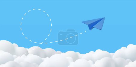 Téléchargez les illustrations : Avion en papier 3d avec nuages Minimal dessin animé mignon lisse. concept de leadership de vision créative. Design moderne et tendance. Rendement 3D. Illustration vectorielle - en licence libre de droit