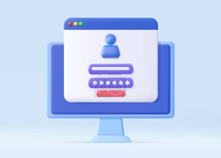 3d Computer and account login and password form page on screen. Sign in to account, user authorization, login authentication page concept. Username, password fields. 3d rendering. Vector illustration