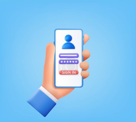Illustration for Account login and password form on smartphone app. User authorization, login authentication page, sign up concept. Hand holding mobile smart phone with log in app. 3d rendering. Vector illustration - Royalty Free Image