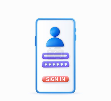 Illustration for Account login and password form on smartphone app. User authorization, login authentication page, sign up concept. 3d rendering. Vector illustration - Royalty Free Image