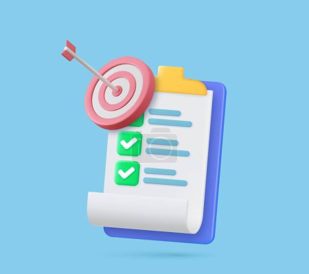 3d Clipboard, checklist symbol. Assignment target icon. Project task management and effective time planning tools. 3d rendering. Vector illustration