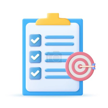 Illustration for 3d Clipboard, checklist symbol. Assignment target icon. Project task management and effective time planning tools. 3d rendering. Vector illustration - Royalty Free Image