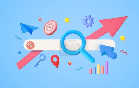 3d SEO concept. Idea of search engine optimization for website as marketing strategy. Web page promotion in the internet. Magnifying glass make analysis. 3d rendering. Vector illustration