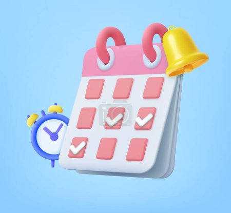 Ilustración de Calendario 3d con reloj y campana. organizador con reloj y campana para recordatorio de negocios y planificación de eventos o concepto de fecha límite. renderizado 3d. Ilustración vectorial - Imagen libre de derechos