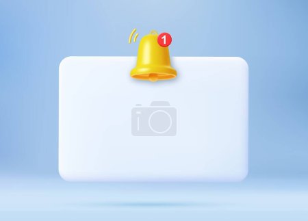 Illustration for 3d render Empty reminder popup, push notification icon with Cute yellow bell. 3D Model render for design. Email web symbol, mobile phone app, template, copy space. Vector illustration - Royalty Free Image