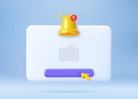 3d rendern Leere Erinnerung Popup, drücken Sie Benachrichtigungssymbol mit Nette gelbe Glocke. 3D-Modell-Renderer für Design. E-Mail-Websymbol, Handy-App, Vorlage, Kopierraum. Vektorillustration