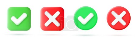 Illustration for Green tick check mark and cross mark symbols icon element , Simple ok yes no graphic design, right checkmark symbol accepted and rejected, 3D rendering. Vector illustration - Royalty Free Image