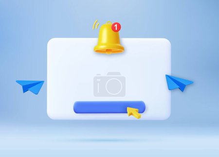 Illustration for 3d render Empty reminder popup, push notification icon with Cute yellow bell. 3D Model render for design. Email web symbol, mobile phone app, template, copy space. Vector illustration - Royalty Free Image