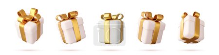 Illustration for Set of Realistic gifts boxes isolated on a white background. five gift boxes with bows and ribbons. Holiday decoration presents. Festive gift surprise. 3d rendering. Vector illustration - Royalty Free Image