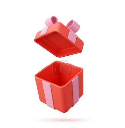 Illustration for 3d render open gifts box isolated on white background. Holiday decoration presents. Festive gift surprise. Realistic icon for birthday or wedding banners. Vector illustration. - Royalty Free Image