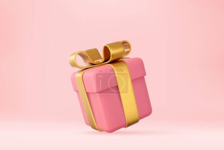 Téléchargez les illustrations : Boîte cadeau rose 3d avec ruban doré. Cadeaux de décoration de vacances. Cadeau surprise festive. Rendement 3D. Illustration vectorielle - en licence libre de droit
