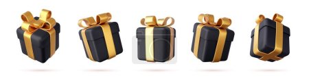 Illustration for Set of 3d render gifts box with golden ribbons isolated on white background. Holiday decoration presents. Festive gift surprise. Realistic icon for birthday or wedding banners. Vector illustration. - Royalty Free Image