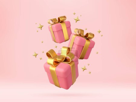 Illustration for 3d pink gift boxes with golden ribbon and bow. Birthday celebration concept. Merry New Year and Merry Christmas pink gift boxes with golden bows. 3d rendering. Vector illustration - Royalty Free Image
