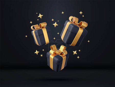 Illustration for 3d black gift boxes with golden ribbon and bow. Birthday celebration concept. Merry New Year and Merry Christmas black gift boxes with golden bows. 3d rendering. Vector illustration - Royalty Free Image