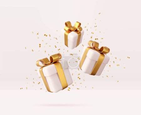 Illustration for 3d white gift boxes with golden ribbon and bow and sequins confetti. Birthday celebration concept. Merry New Year and Merry Christmas gift boxes with golden bows. 3d rendering. Vector illustration - Royalty Free Image