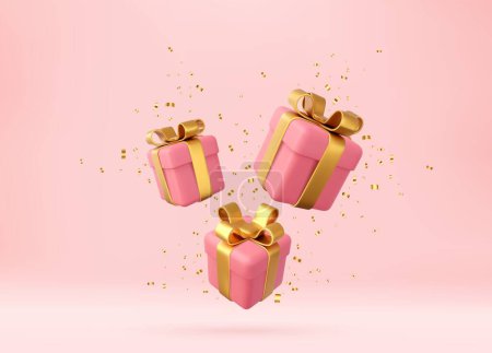 Téléchargez les illustrations : 3d boîtes-cadeaux roses avec ruban doré et arc et paillettes d'or confettis. Concept de célébration d'anniversaire. Joyeux Nouvel An et Joyeux Noël boîtes-cadeaux avec des arcs d'or. Rendement 3D. Illustration vectorielle - en licence libre de droit