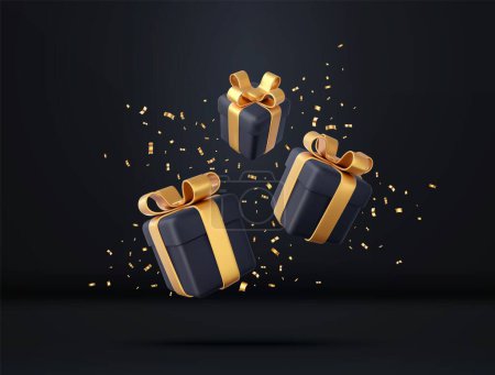 Illustration for 3d black gift boxes with golden ribbon and bow and sequins confetti. Birthday celebration concept. Merry New Year and Merry Christmas gift boxes with golden bows. 3d rendering. Vector illustration - Royalty Free Image