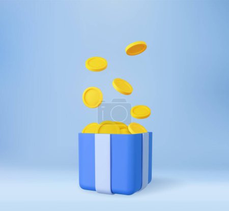 Illustration for 3D open gift box surprise with gold coins. loyalty program and get rewards, Money prize reward. Casino or Online game winner. 3d rendering. Vector illustration - Royalty Free Image