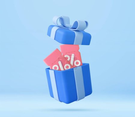 Illustration for 3D open gift box surprise with discount coupon, earn point concept, loyalty program and get rewards. online shopping bonus. 3d rendering. Vector illustration - Royalty Free Image