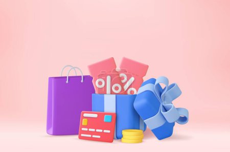 Illustration for 3D open gift box surprise with discount coupon, earn point concept, loyalty program and get rewards. online shopping bonus. 3d rendering. Vector illustration - Royalty Free Image