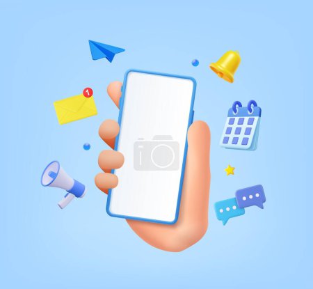 3d Hand holding Phone with business management app. Online news and work. Business marketing concept. Smartphone with megaphone, bell and message. 3d rendering. Vector illustration