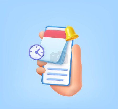 Illustration for 3D reminder in calendar on mobile phone in hand. notifications icon with floating elements. Alert for business planning ,events, reminder and timetable. 3d rendering. Vector illustration - Royalty Free Image