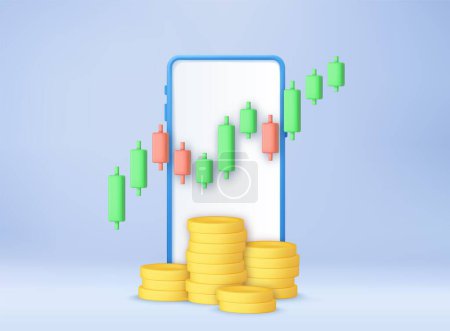 Illustration for 3D stock online trading with smartphone and money coin. nvestment trading in the stock market, Candle stick chart. 3d rendering. Vector illustration - Royalty Free Image