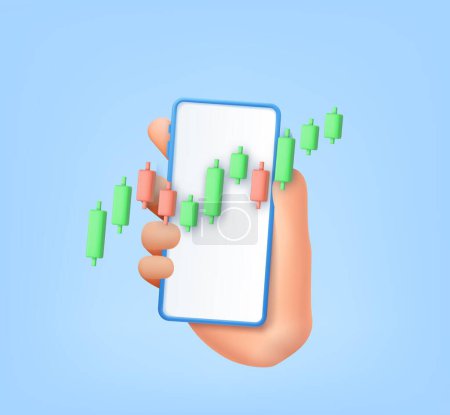 Photo for 3d Candle stick graph chart of online stock market trading with mobile phone. Investment graph using funding business on mobile in hand. 3d rendering. Vector illustration - Royalty Free Image