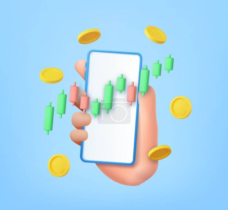 Illustration for 3D stock online trading with smartphone and money coin. nvestment trading in the stock market,Investment graph using funding business on mobile in hand. 3d rendering. Vector illustration - Royalty Free Image
