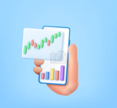 Photo for 3d Candle stick graph chart of online stock market trading with mobile phone. Investment graph using funding business on mobile in hand. 3d rendering. Vector illustration - Royalty Free Image